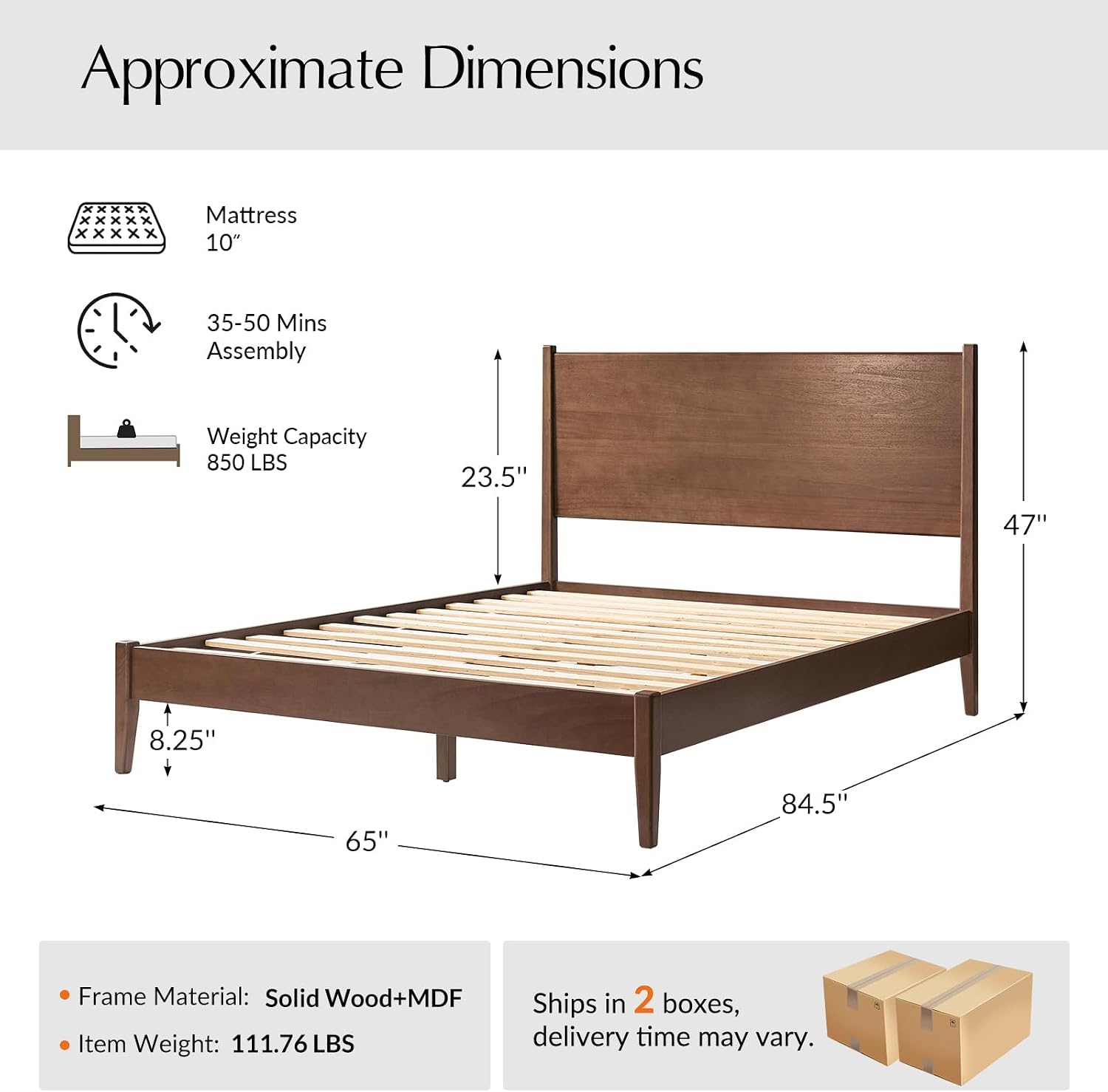 Low Profile Solid Wood Bed Frame, Mid Century Modern Platform Bed with Slat Support