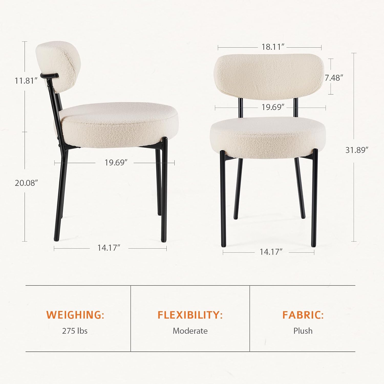 Mid-Century Modern Dining Chairs Set of 4, Upholstered Round Cushion Kitchen Chairs with Curved Backrest & Black Metal Legs for Dining Room & Living Room