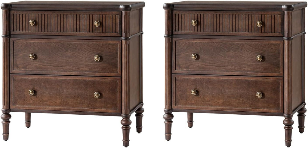 Nightstand with Charging Station, 3 Drawer Wood End Table with USB & Type-C Ports, Fluted Bedside Table