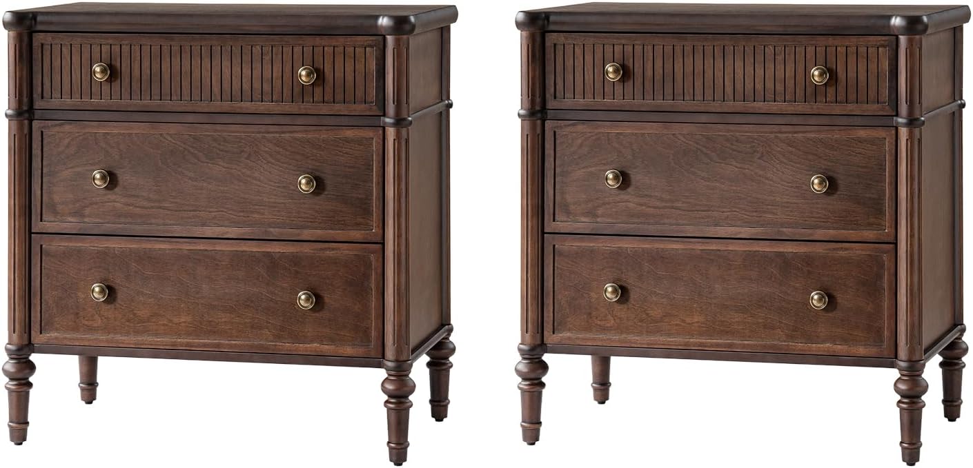 Nightstand with Charging Station, 3 Drawer Wood End Table with USB & Type-C Ports, Fluted Bedside Table