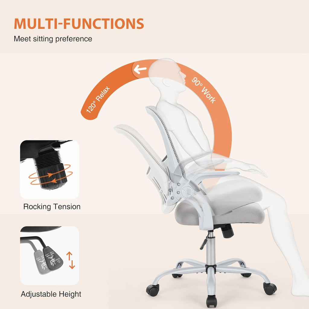 Ergonomic Office Chair with Lumbar Support, Mid-Back Mesh Desk Chair with Flip-Up Armrests, Adjustable Height & Swivel Wheels for Home Office & Computer Use
