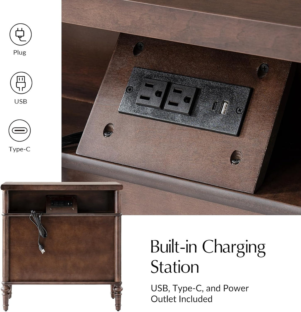 Nightstand with Charging Station, 3 Drawer Wood End Table with USB & Type-C Ports, Fluted Bedside Table
