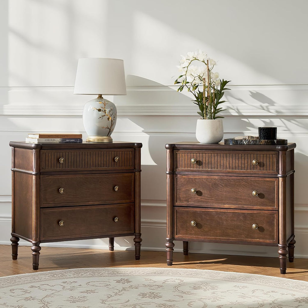 Nightstand with Charging Station, 3 Drawer Wood End Table with USB & Type-C Ports, Fluted Bedside Table