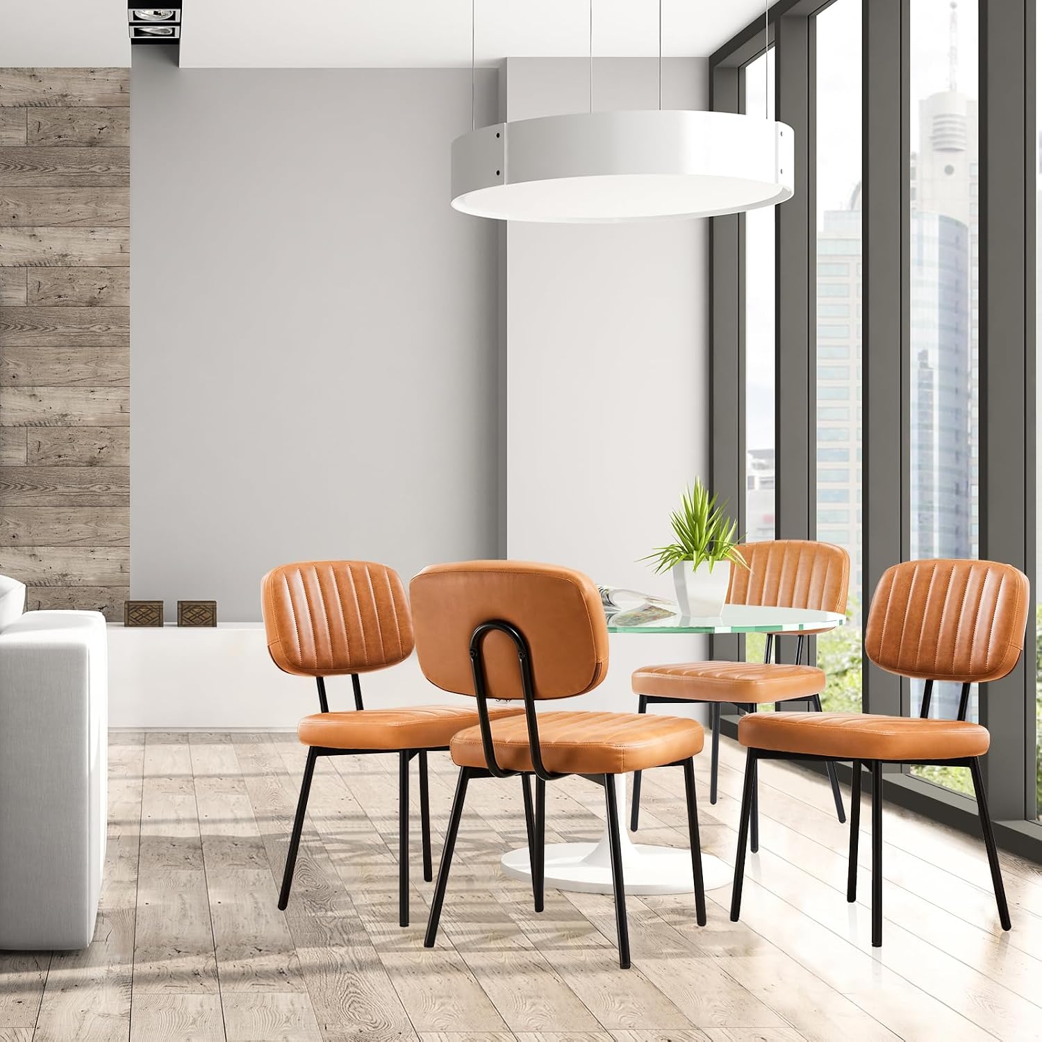 Mid-Century Modern Dining Chairs Set of 4, PU Leather Upholstered Kitchen Chairs with Metal Legs, Ergonomic High-Back Accent Chairs for Dining Room, Living Room & Office