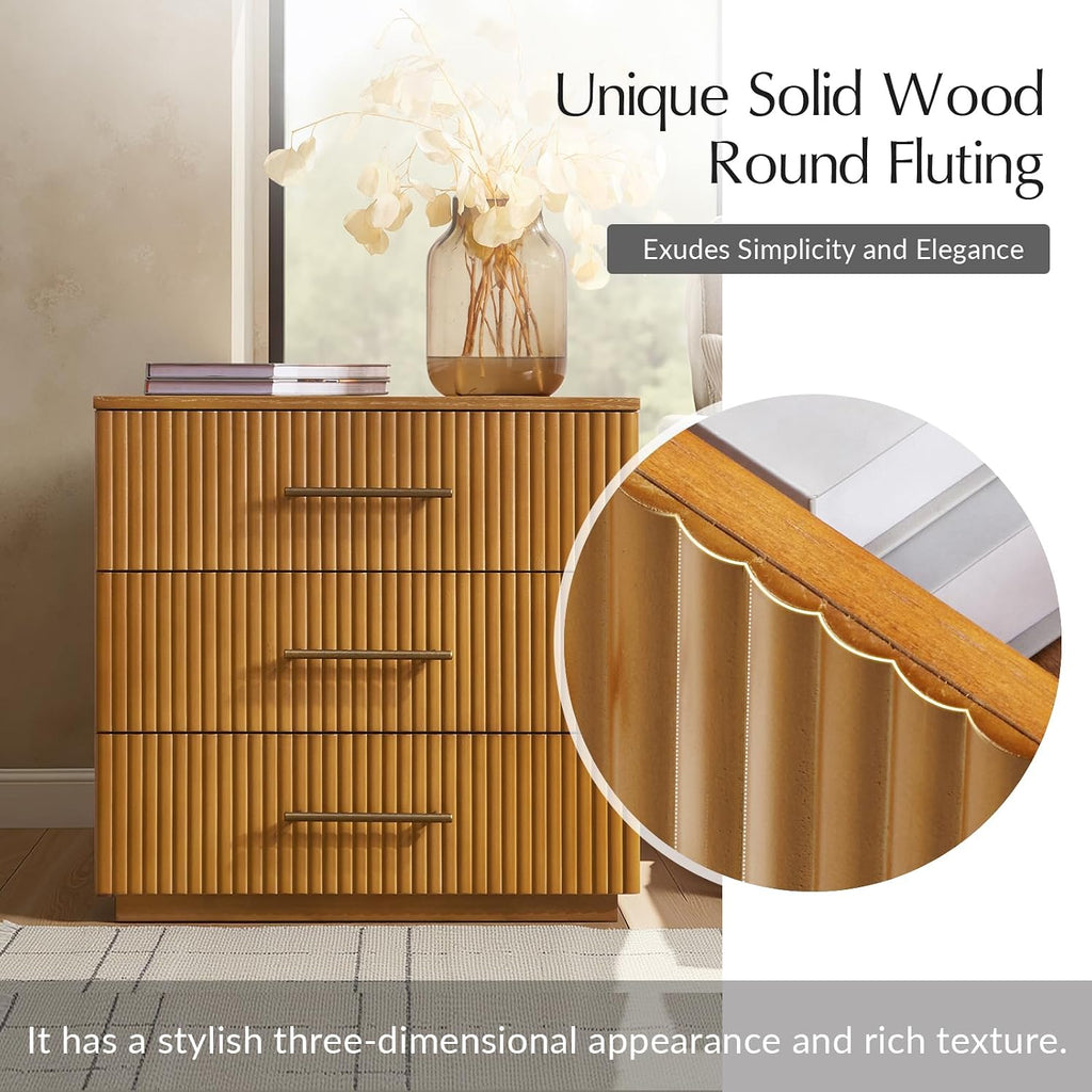 3 Drawer Nightstand with Charging Station, Fluted Wood Bedside Table with USB & Power Outlet