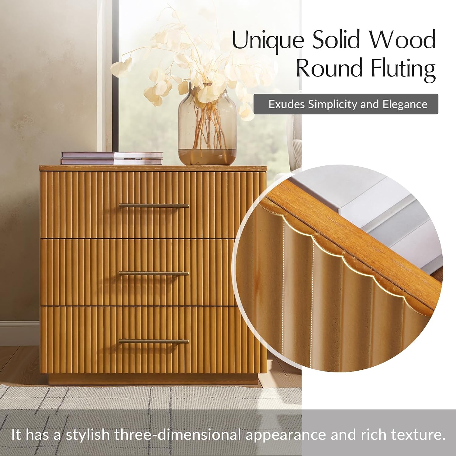 3 Drawer Nightstand with Charging Station, Fluted Wood Bedside Table with USB & Power Outlet