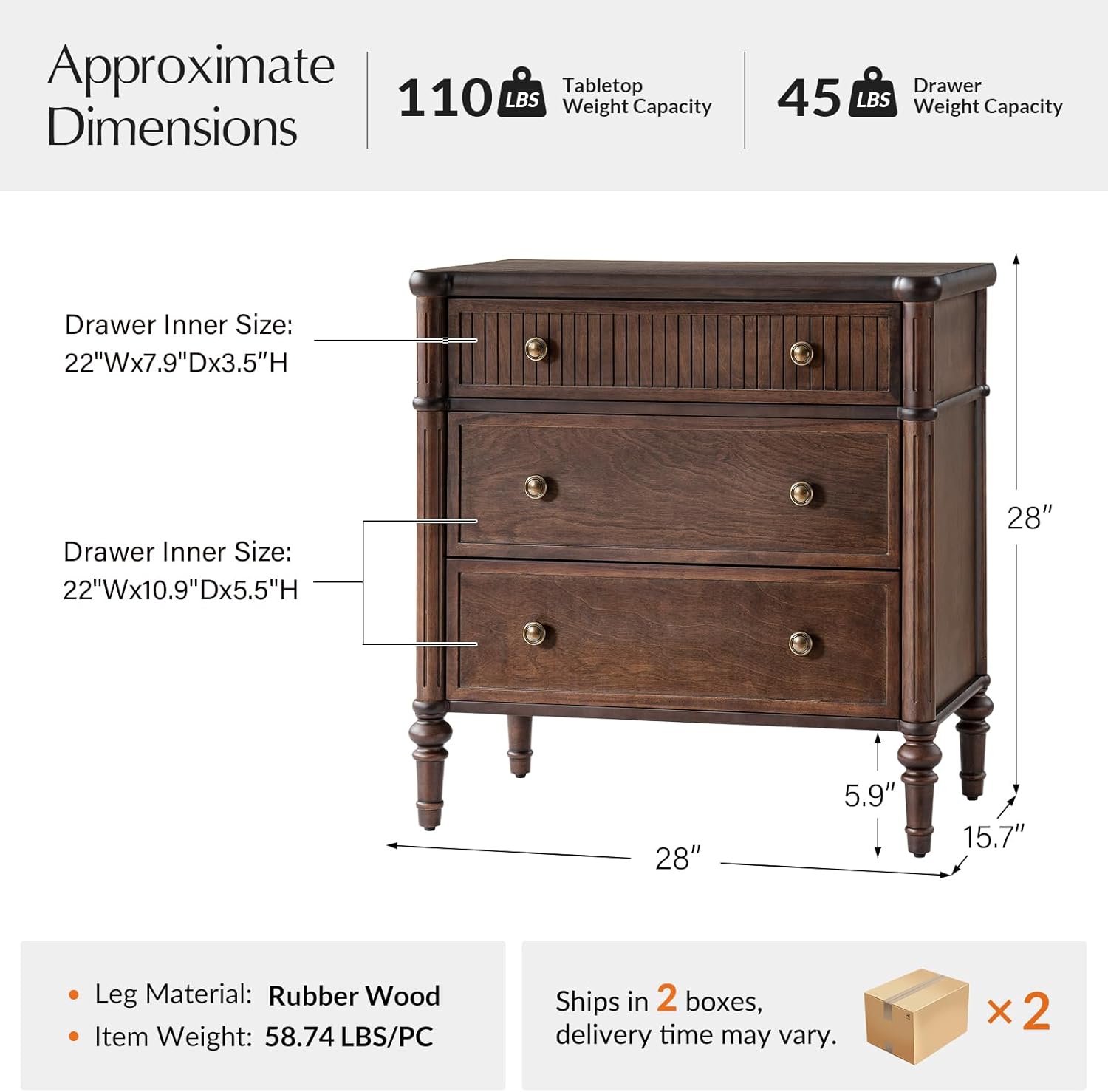 Nightstand with Charging Station, 3 Drawer Wood End Table with USB & Type-C Ports, Fluted Bedside Table