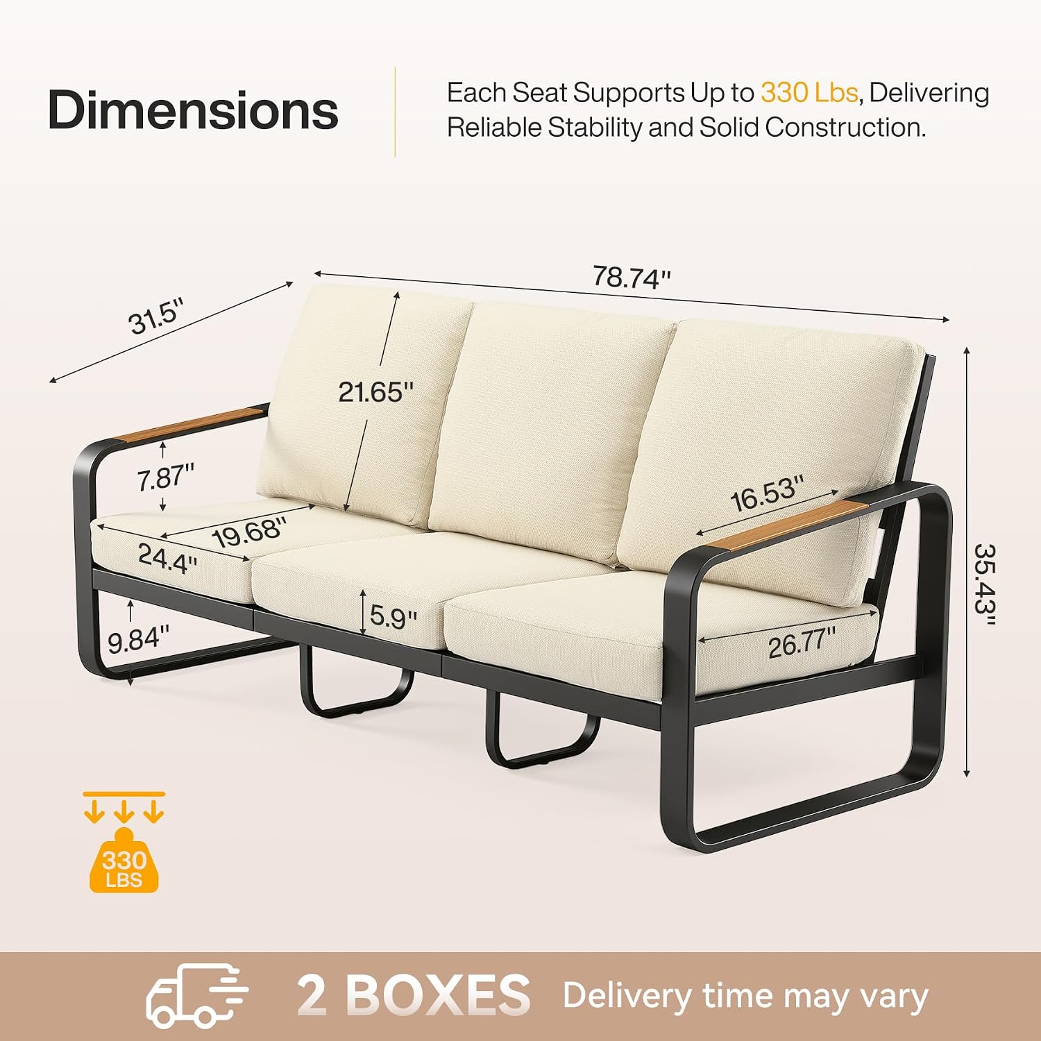 3-Seater Outdoor Patio Sofa, Metal Frame Couch with Thick Cushions & Wood Grain Armrests, Modern Weather-Resistant Outdoor Furniture for Patio, Garden & Backyard