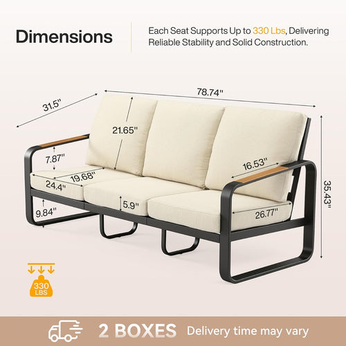 3-Seater Outdoor Patio Sofa, Metal Frame Couch with Thick Cushions & Wood Grain Armrests, Modern Weather-Resistant Outdoor Furniture for Patio, Garden & Backyard