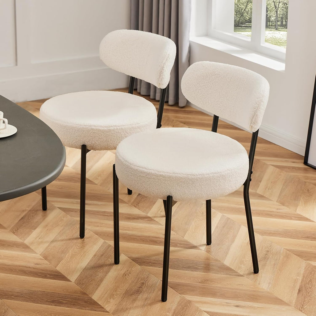 Mid-Century Modern Dining Chairs Set of 4, Upholstered Round Cushion Kitchen Chairs with Curved Backrest & Black Metal Legs for Dining Room & Living Room