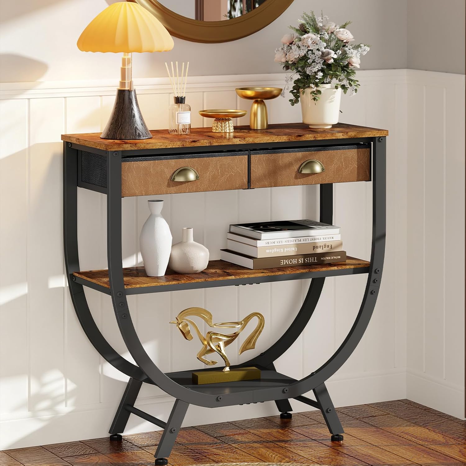 Narrow Console Table with 2 Fabric Drawers, 3-Tier Entryway Table with Metal Frame & Wooden Top, Modern Sofa Table for Hallway, Living Room & Foyer