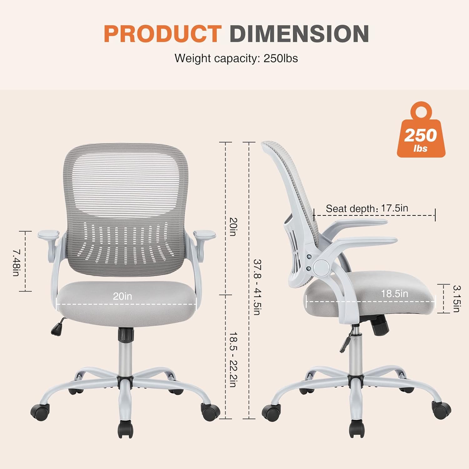 Ergonomic Office Chair with Lumbar Support, Mid-Back Mesh Desk Chair with Flip-Up Armrests, Adjustable Height & Swivel Wheels for Home Office & Computer Use