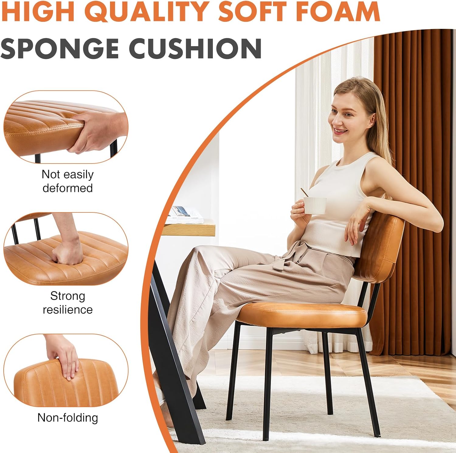 Mid-Century Modern Dining Chairs Set of 4, PU Leather Upholstered Kitchen Chairs with Metal Legs, Ergonomic High-Back Accent Chairs for Dining Room, Living Room & Office
