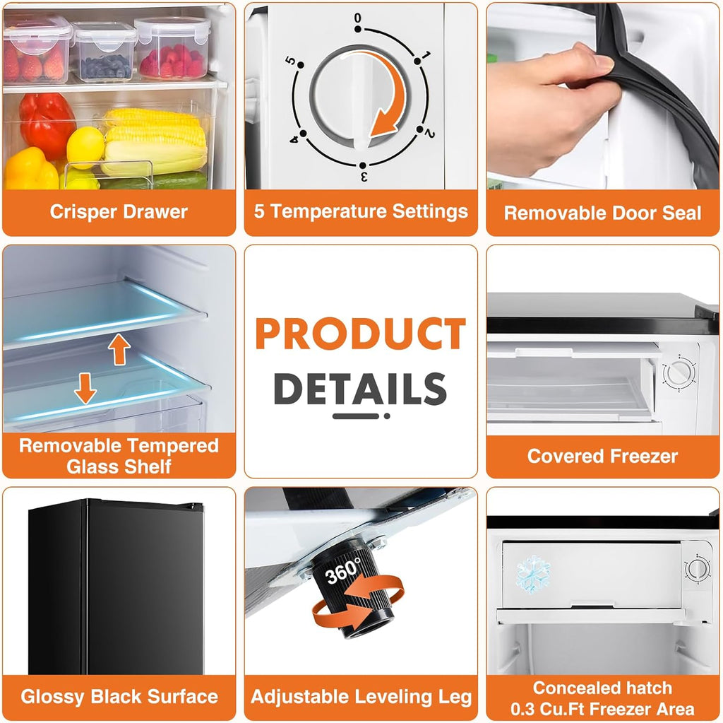 Compact Mini Fridge 3.2 Cu.Ft, Single Door Refrigerator with Freezer, Adjustable Temperature & Low Noise Small Fridge for Dorm, Office & Apartment