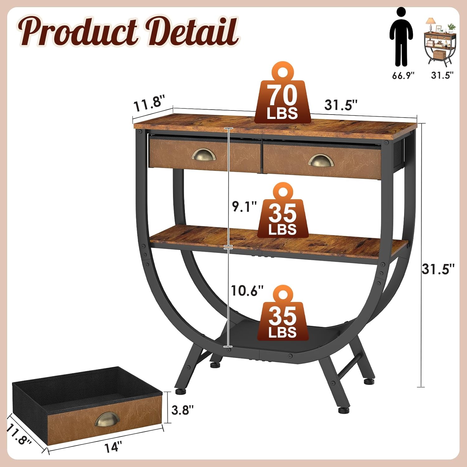 Narrow Console Table with 2 Fabric Drawers, 3-Tier Entryway Table with Metal Frame & Wooden Top, Modern Sofa Table for Hallway, Living Room & Foyer