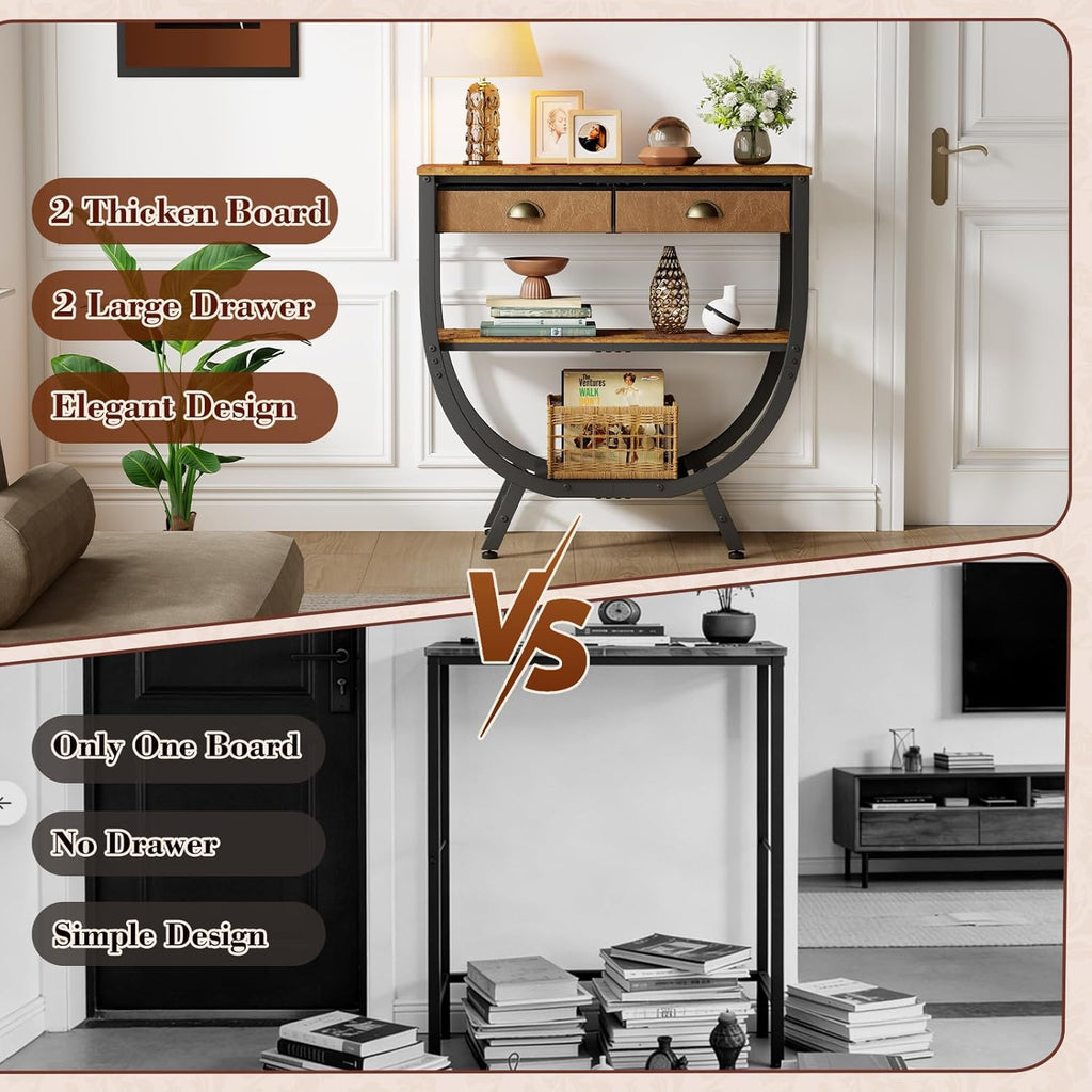 Narrow Console Table with 2 Fabric Drawers, 3-Tier Entryway Table with Metal Frame & Wooden Top, Modern Sofa Table for Hallway, Living Room & Foyer