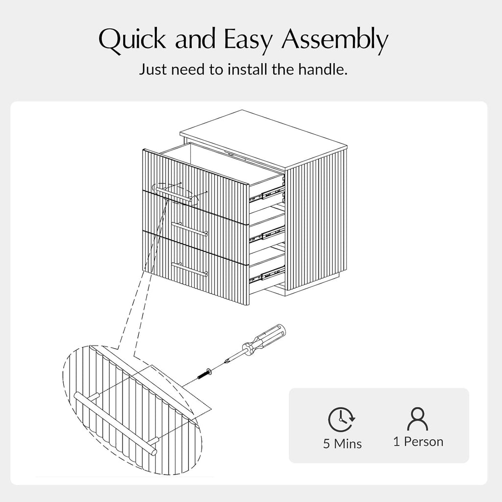 3 Drawer Nightstand with Charging Station, Fluted Wood Bedside Table with USB & Power Outlet
