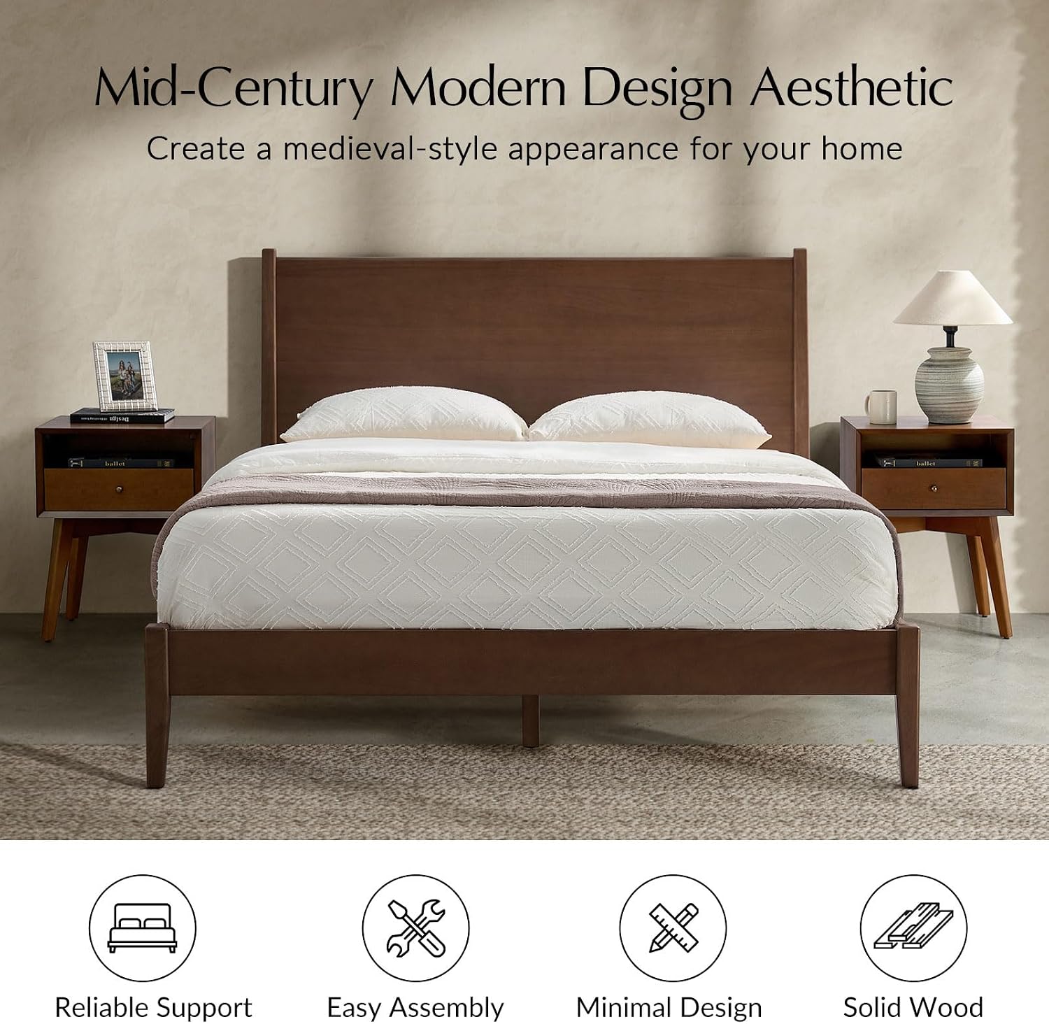 Low Profile Solid Wood Bed Frame, Mid Century Modern Platform Bed with Slat Support