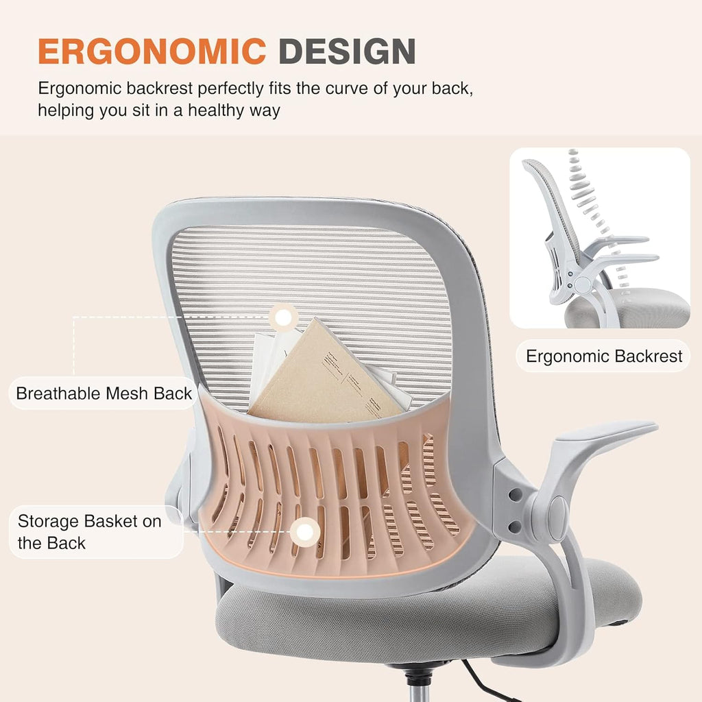 Ergonomic Office Chair with Lumbar Support, Mid-Back Mesh Desk Chair with Flip-Up Armrests, Adjustable Height & Swivel Wheels for Home Office & Computer Use
