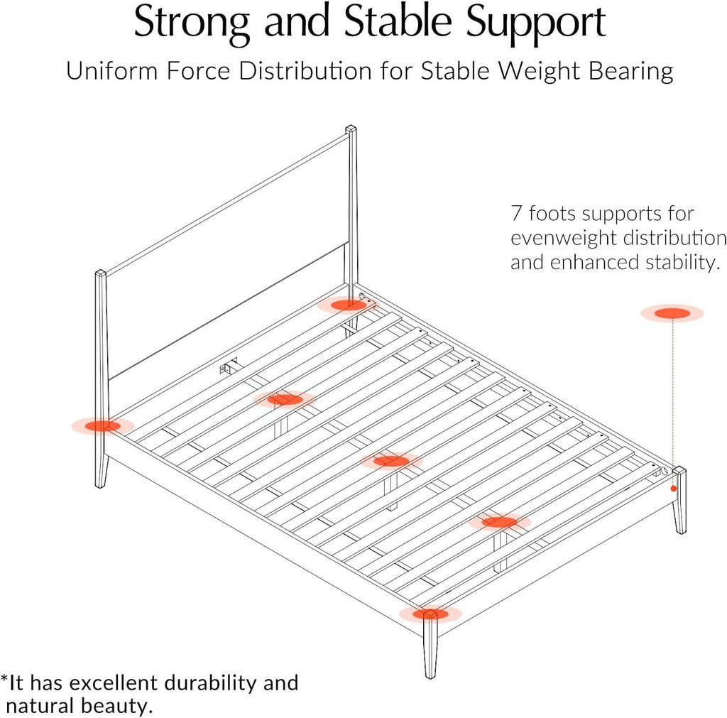 Low Profile Solid Wood Bed Frame, Mid Century Modern Platform Bed with Slat Support