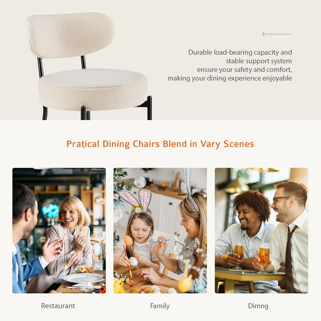 Mid-Century Modern Dining Chairs Set of 4, Upholstered Round Cushion Kitchen Chairs with Curved Backrest & Black Metal Legs for Dining Room & Living Room