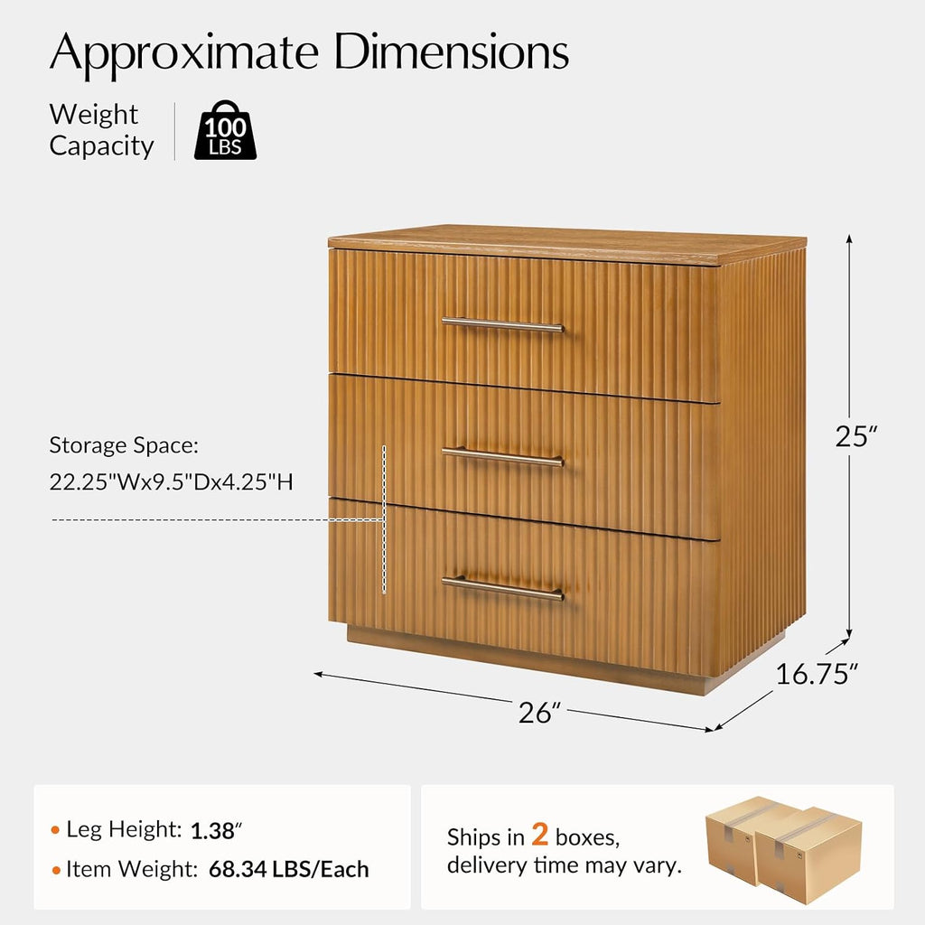 3 Drawer Nightstand with Charging Station, Fluted Wood Bedside Table with USB & Power Outlet