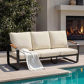 3-Seater Outdoor Patio Sofa, Metal Frame Couch with Thick Cushions & Wood Grain Armrests, Modern Weather-Resistant Outdoor Furniture for Patio, Garden & Backyard