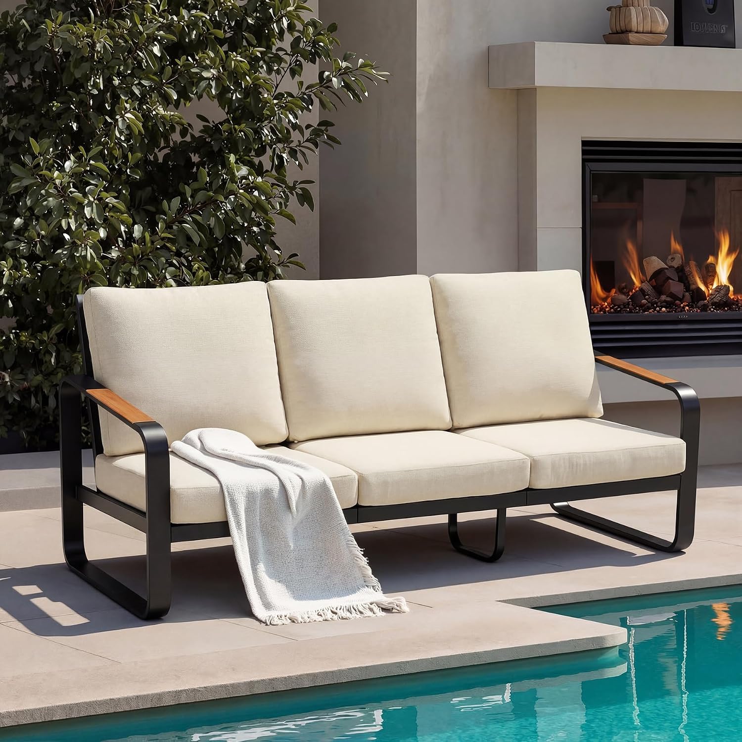 3-Seater Outdoor Patio Sofa, Metal Frame Couch with Thick Cushions & Wood Grain Armrests, Modern Weather-Resistant Outdoor Furniture for Patio, Garden & Backyard