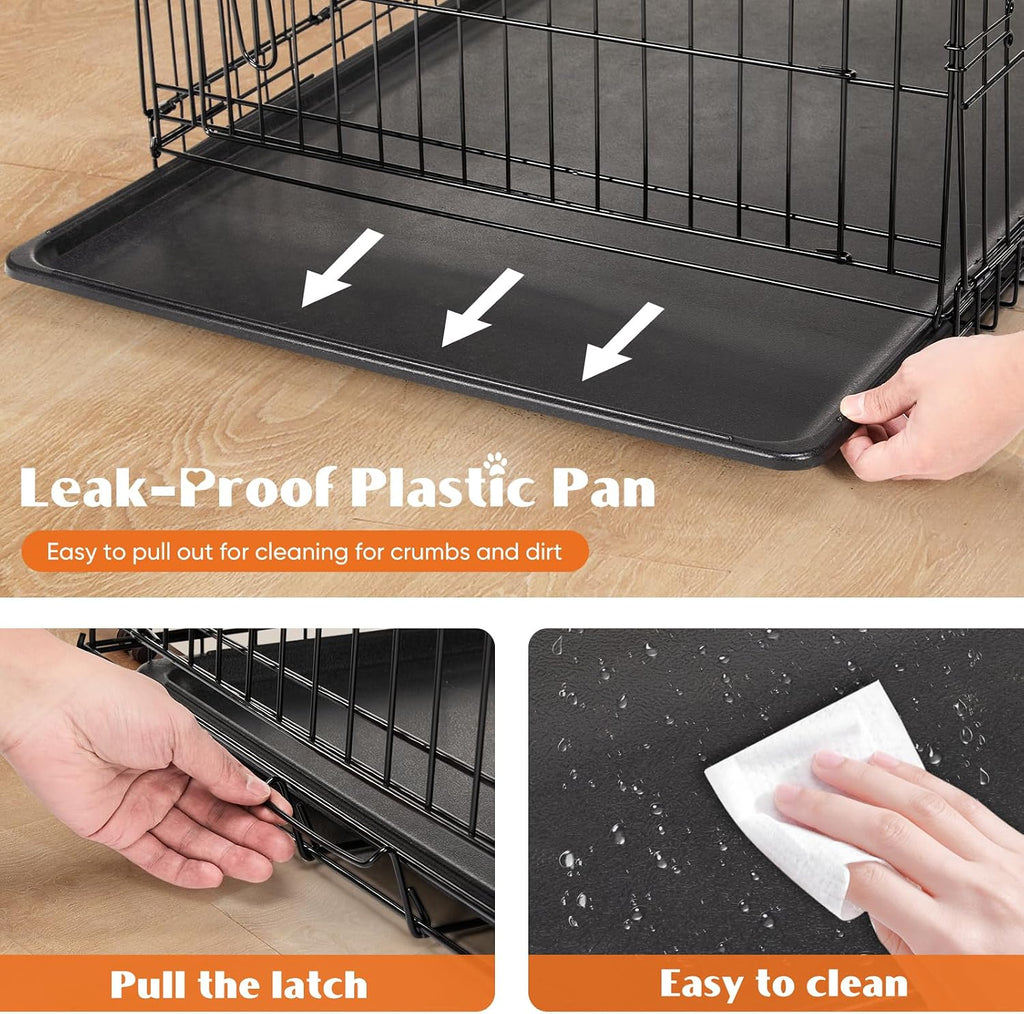 Foldable Dog Crate with Double Doors, Heavy-Duty Metal Pet Cage with Locking System & Removable Tray for Travel & Home Use