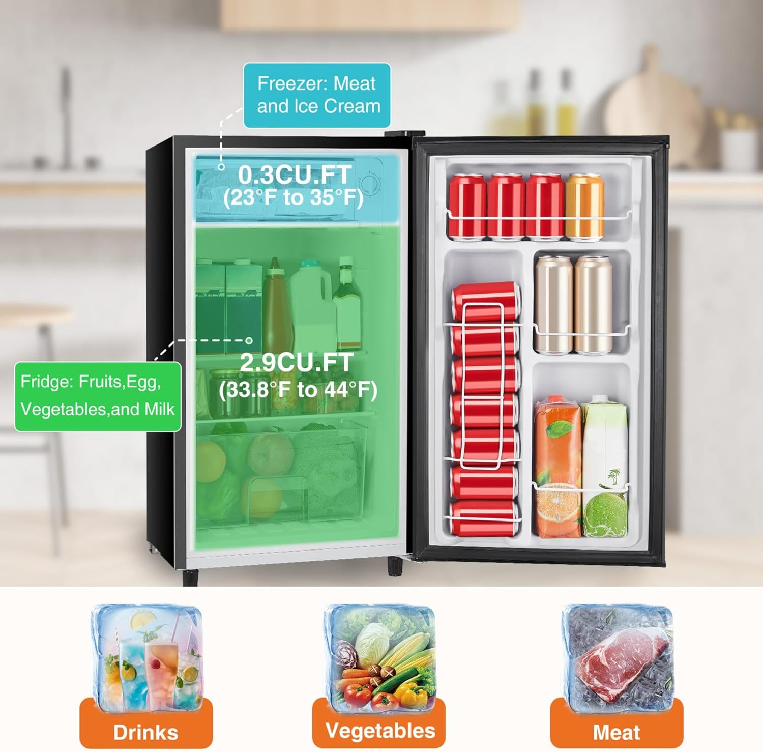 Compact Mini Fridge 3.2 Cu.Ft, Single Door Refrigerator with Freezer, Adjustable Temperature & Low Noise Small Fridge for Dorm, Office & Apartment