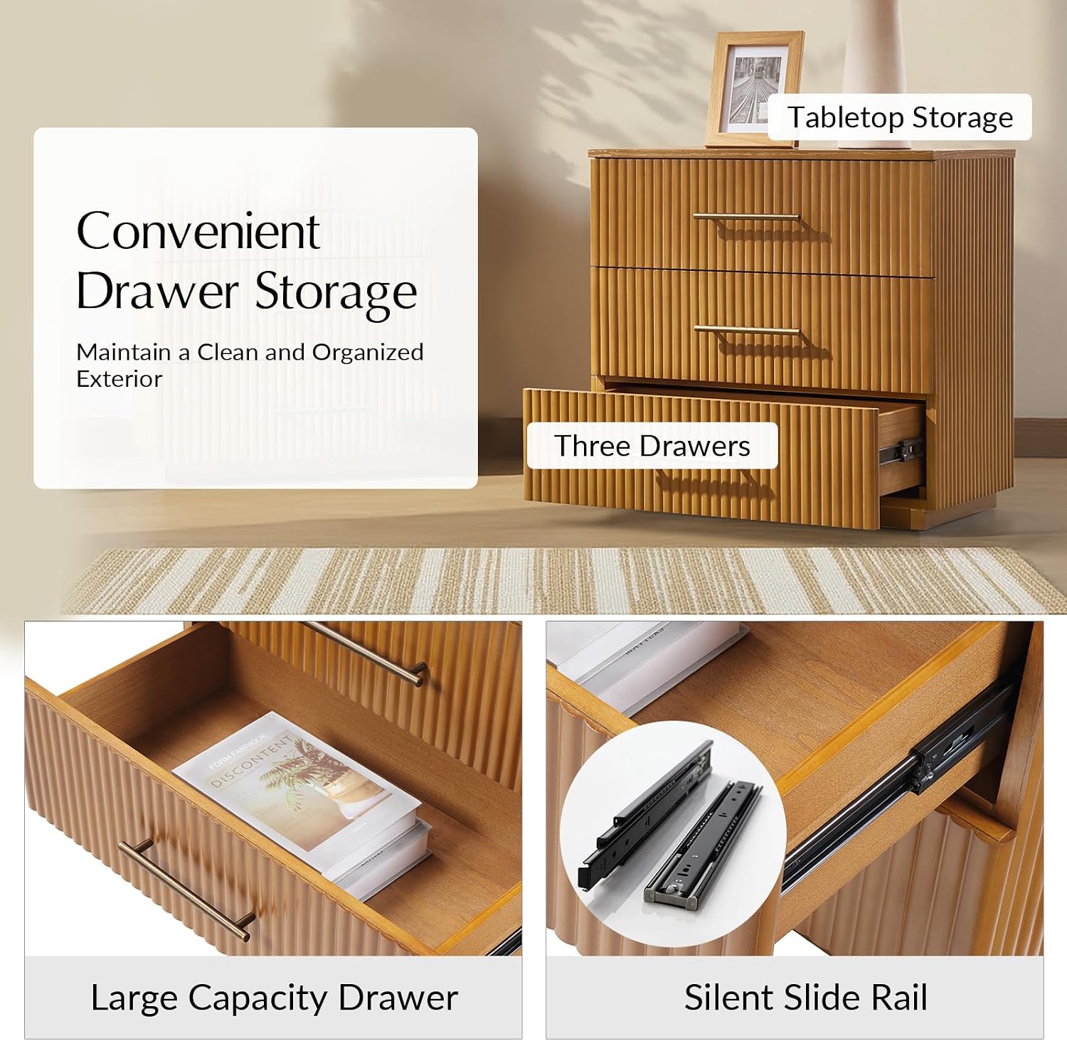 3 Drawer Nightstand with Charging Station, Fluted Wood Bedside Table with USB & Power Outlet