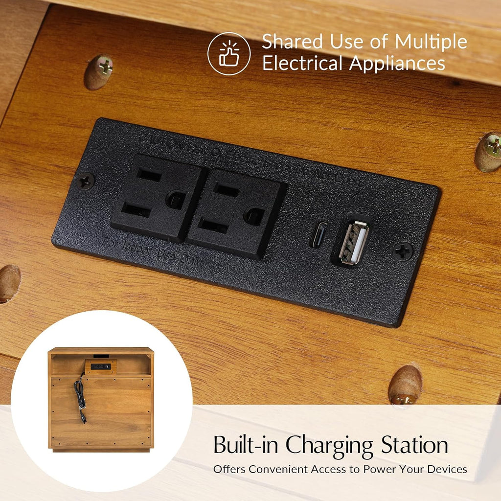 3 Drawer Nightstand with Charging Station, Fluted Wood Bedside Table with USB & Power Outlet