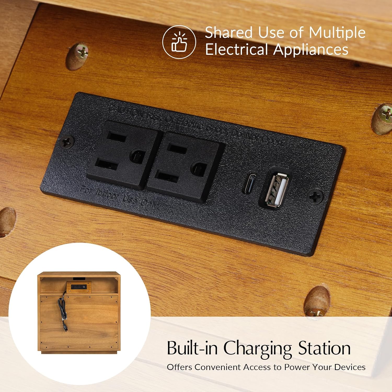 3 Drawer Nightstand with Charging Station, Fluted Wood Bedside Table with USB & Power Outlet