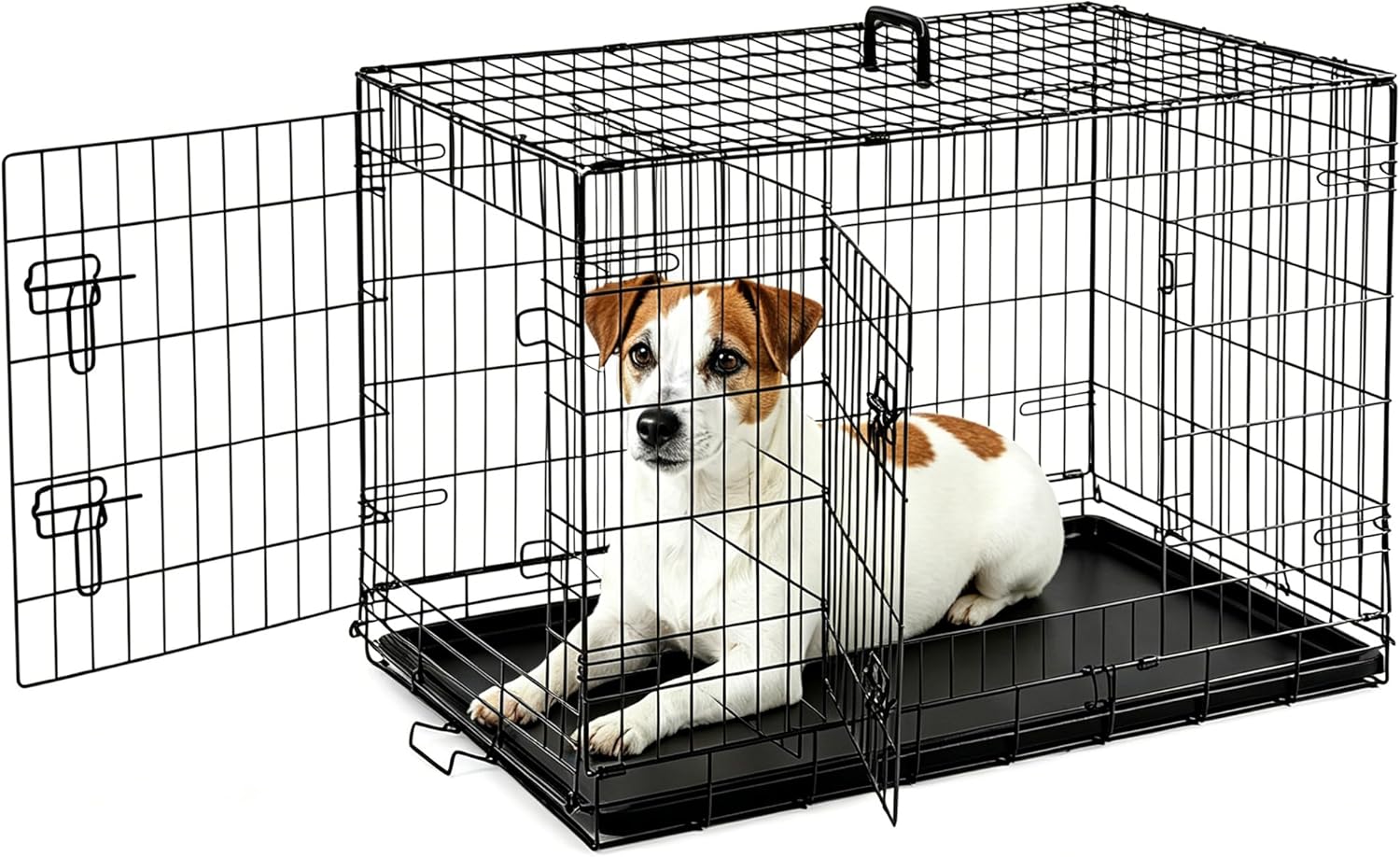 Foldable Dog Crate with Double Doors, Heavy-Duty Metal Pet Cage with Locking System & Removable Tray for Travel & Home Use