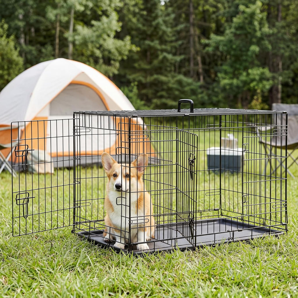 Foldable Dog Crate with Double Doors, Heavy-Duty Metal Pet Cage with Locking System & Removable Tray for Travel & Home Use