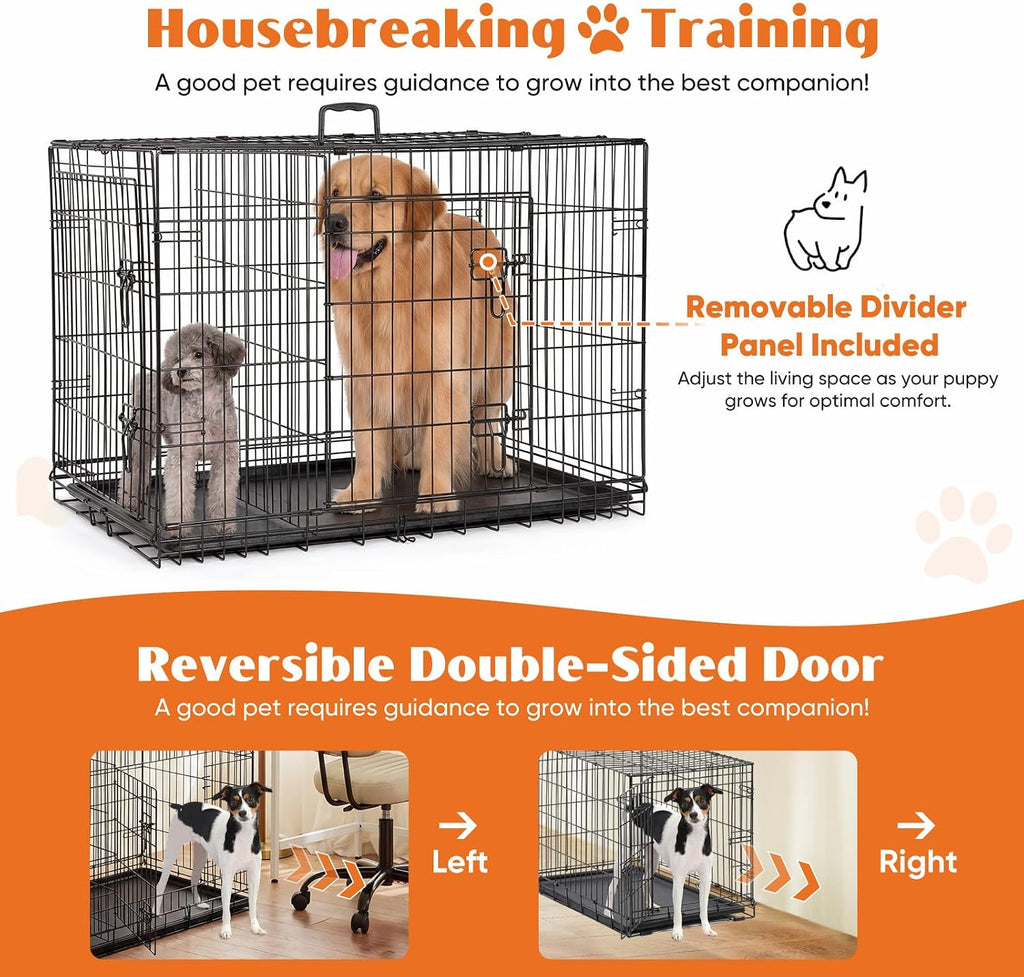 Foldable Dog Crate with Double Doors, Heavy-Duty Metal Pet Cage with Locking System & Removable Tray for Travel & Home Use