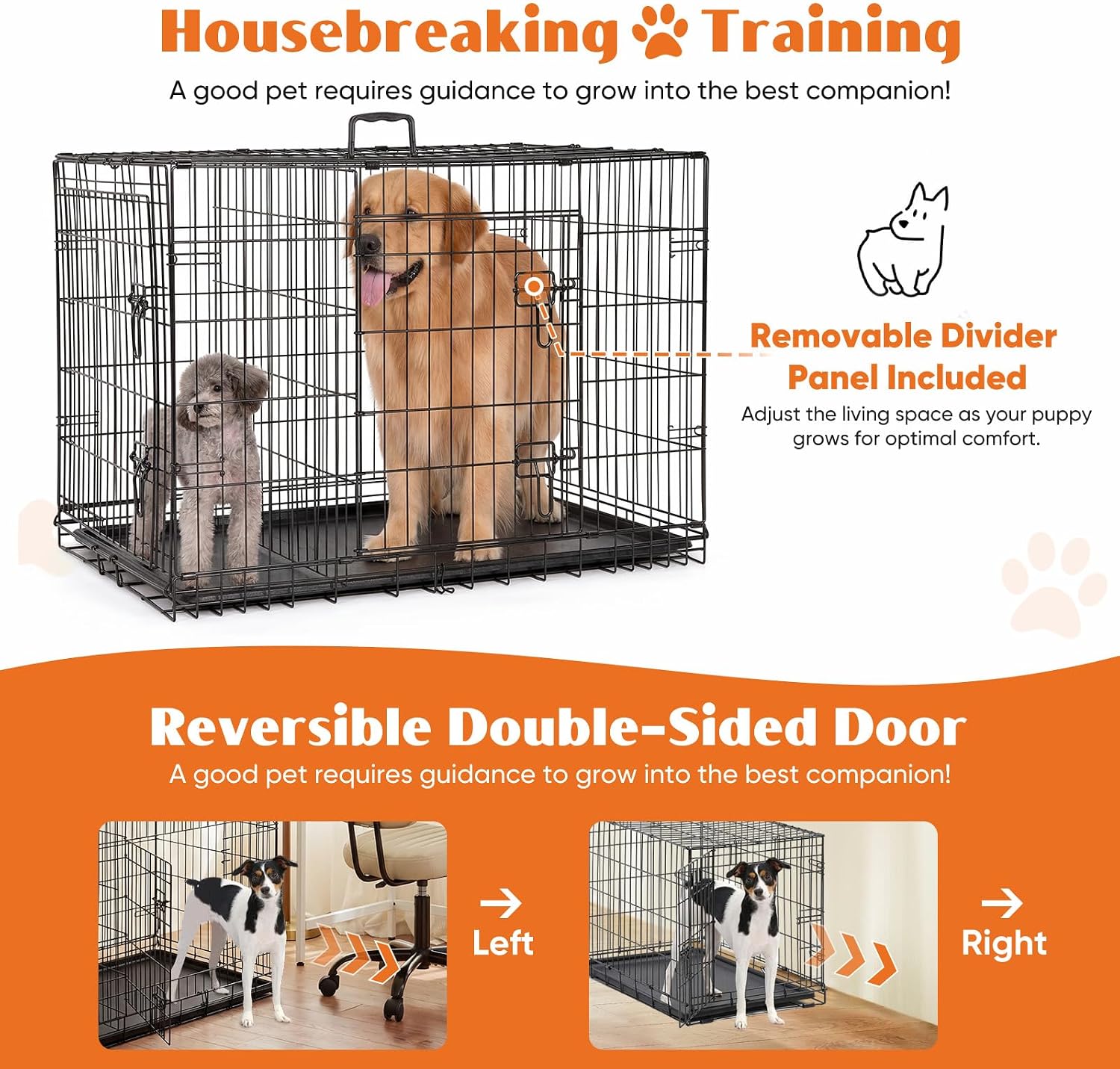 Foldable Dog Crate with Double Doors, Heavy-Duty Metal Pet Cage with Locking System & Removable Tray for Travel & Home Use