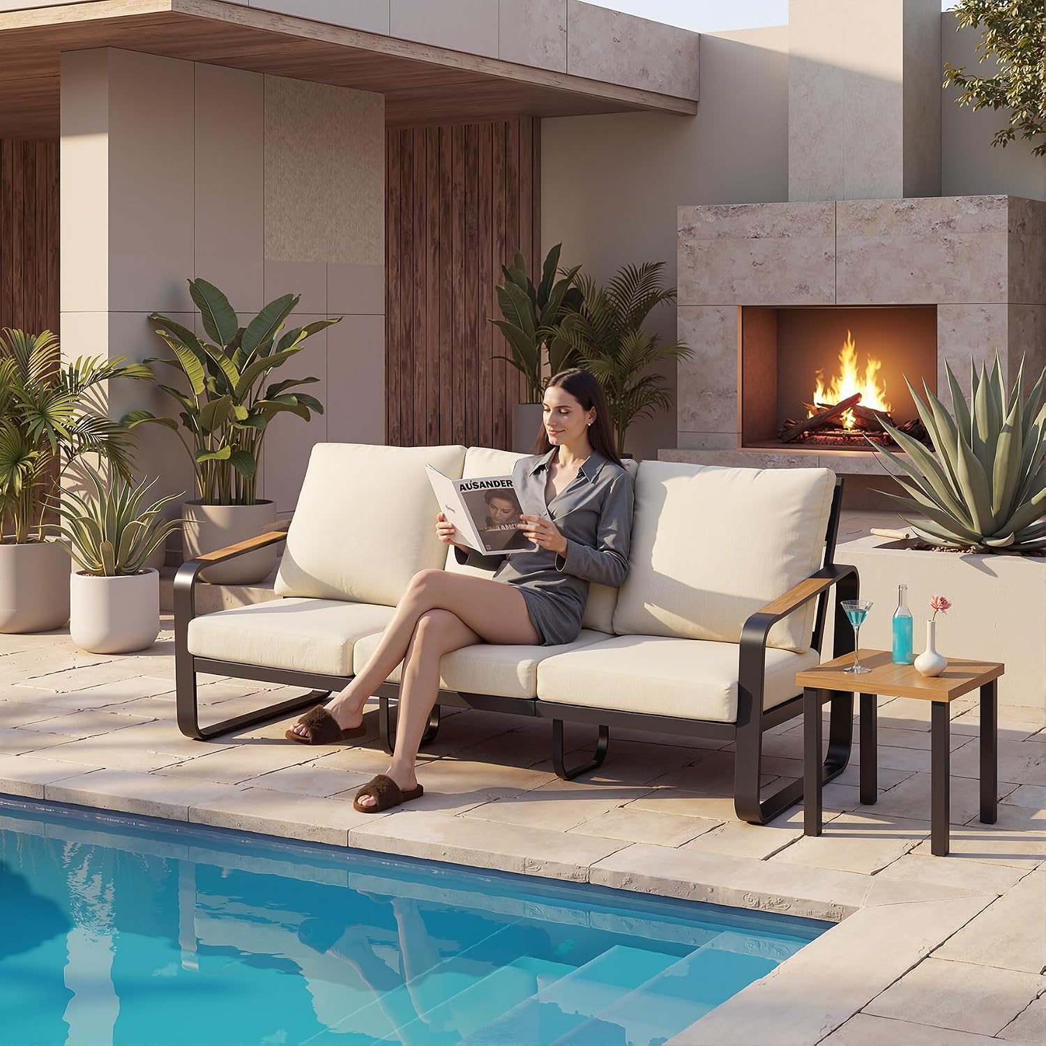 3-Seater Outdoor Patio Sofa, Metal Frame Couch with Thick Cushions & Wood Grain Armrests, Modern Weather-Resistant Outdoor Furniture for Patio, Garden & Backyard