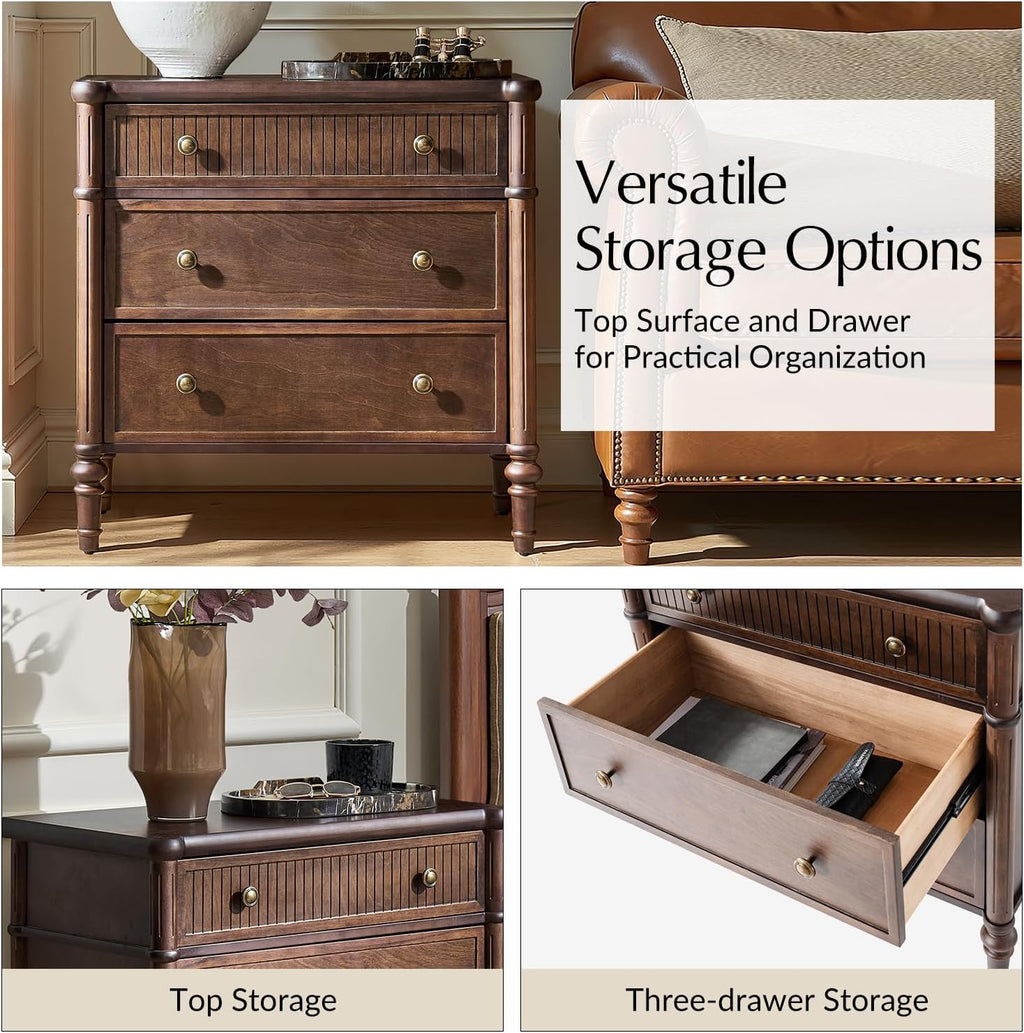 Nightstand with Charging Station, 3 Drawer Wood End Table with USB & Type-C Ports, Fluted Bedside Table