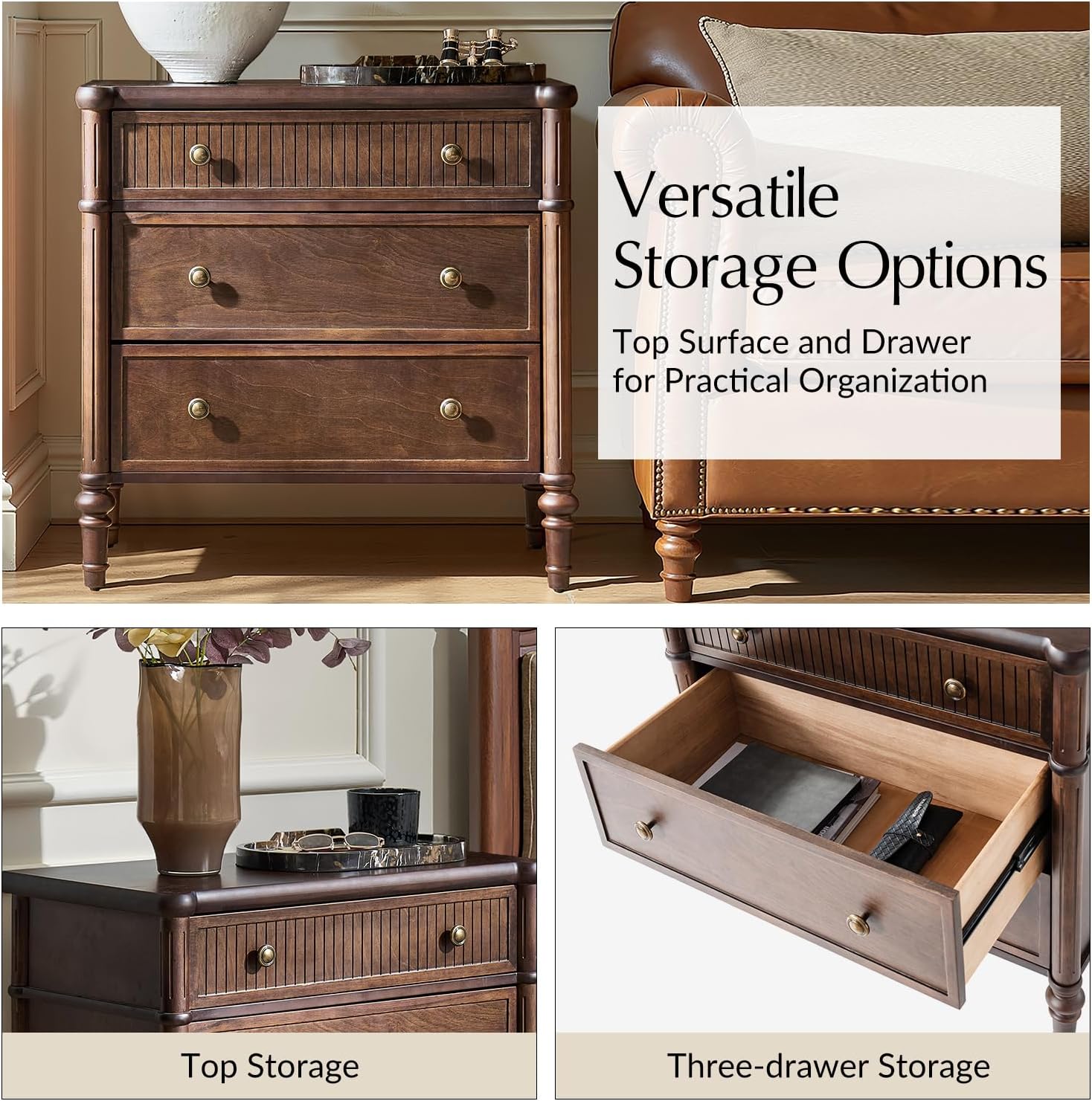Nightstand with Charging Station, 3 Drawer Wood End Table with USB & Type-C Ports, Fluted Bedside Table