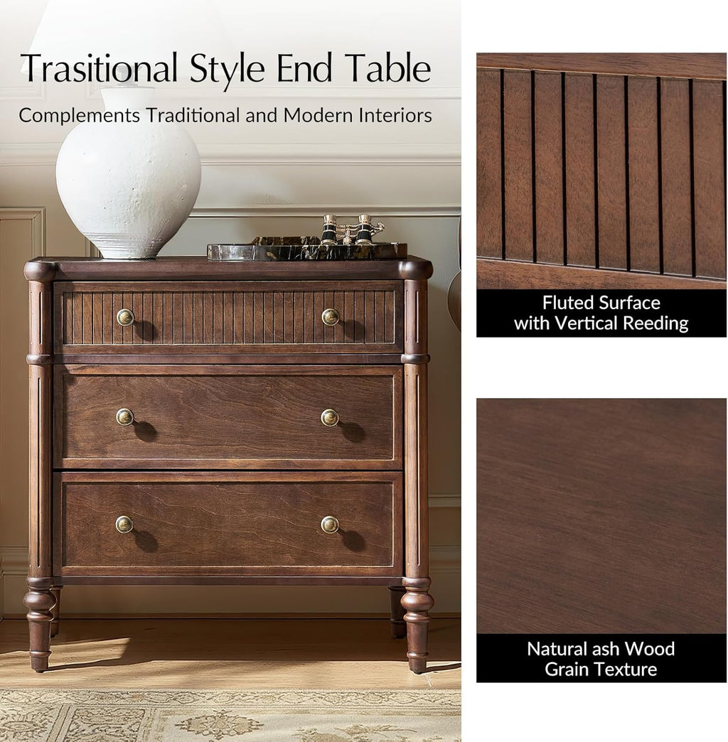 Nightstand with Charging Station, 3 Drawer Wood End Table with USB & Type-C Ports, Fluted Bedside Table