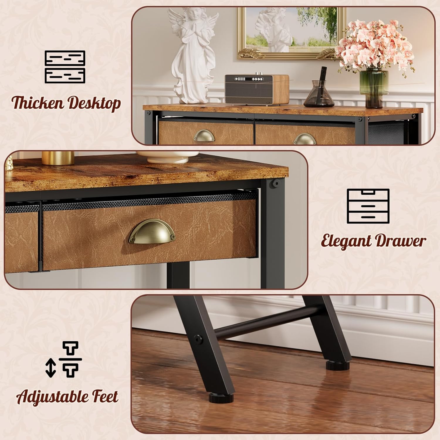 Narrow Console Table with 2 Fabric Drawers, 3-Tier Entryway Table with Metal Frame & Wooden Top, Modern Sofa Table for Hallway, Living Room & Foyer