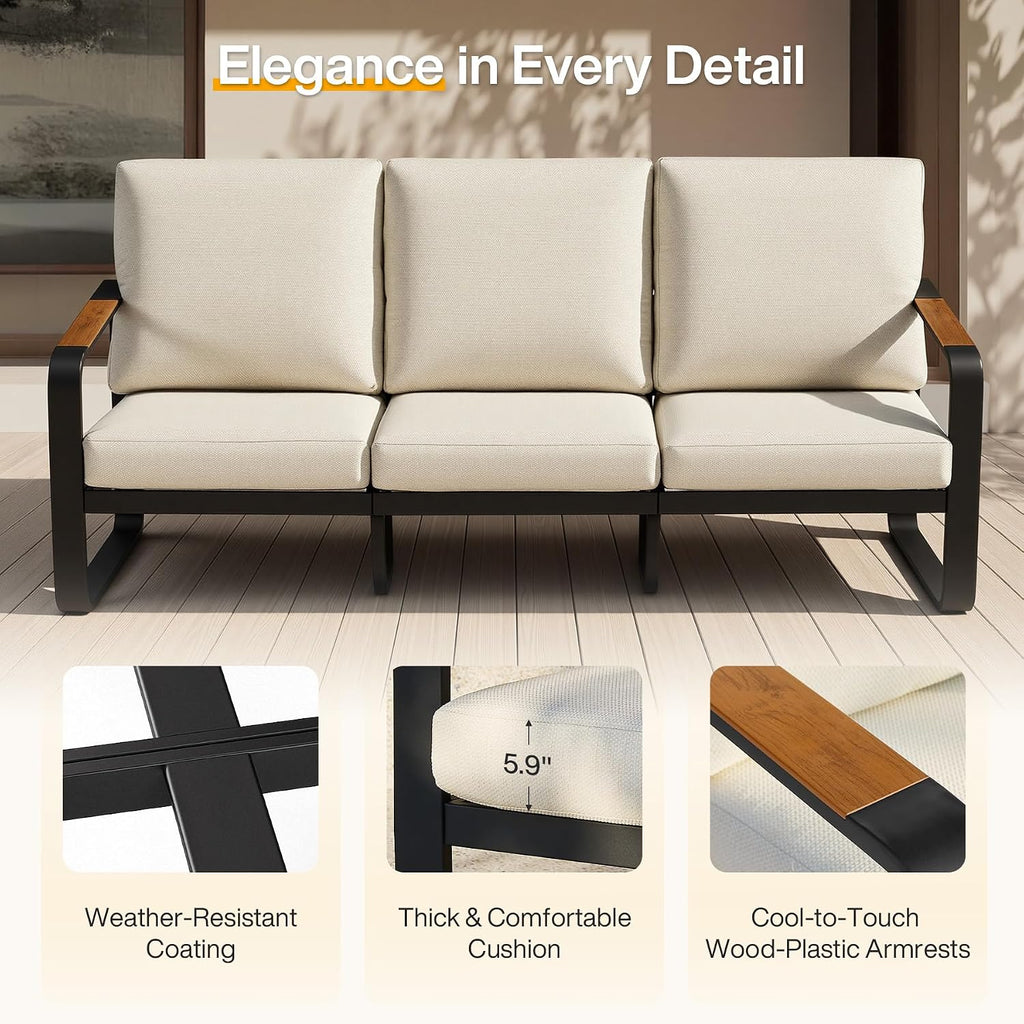 3-Seater Outdoor Patio Sofa, Metal Frame Couch with Thick Cushions & Wood Grain Armrests, Modern Weather-Resistant Outdoor Furniture for Patio, Garden & Backyard