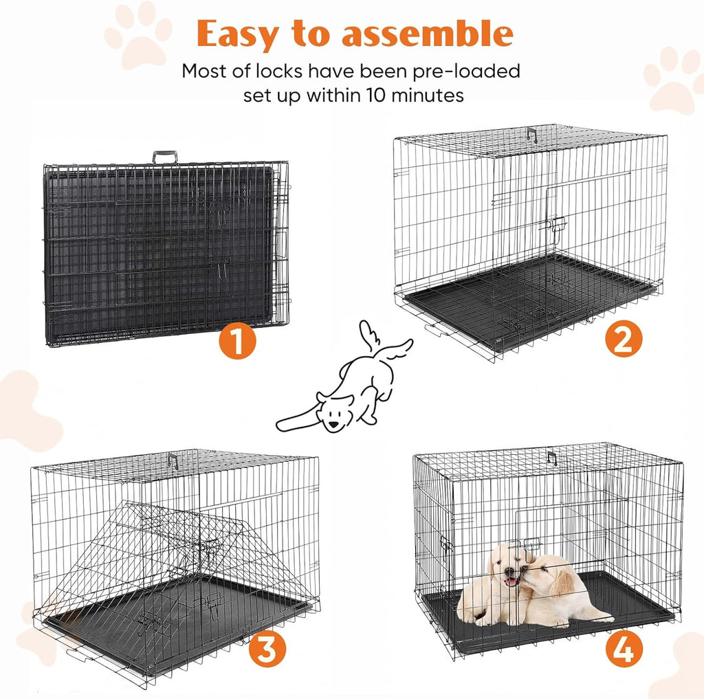 Foldable Dog Crate with Double Doors, Heavy-Duty Metal Pet Cage with Locking System & Removable Tray for Travel & Home Use