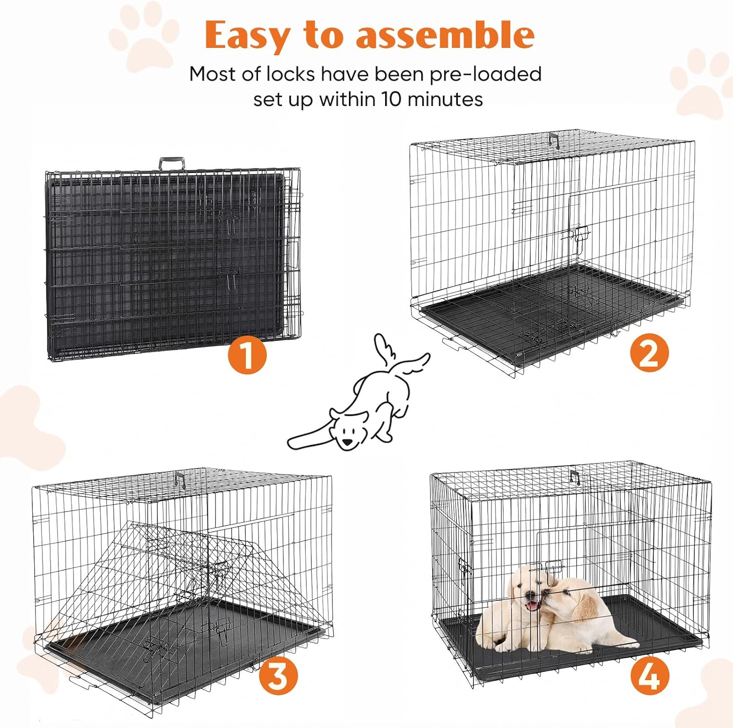 Foldable Dog Crate with Double Doors, Heavy-Duty Metal Pet Cage with Locking System & Removable Tray for Travel & Home Use