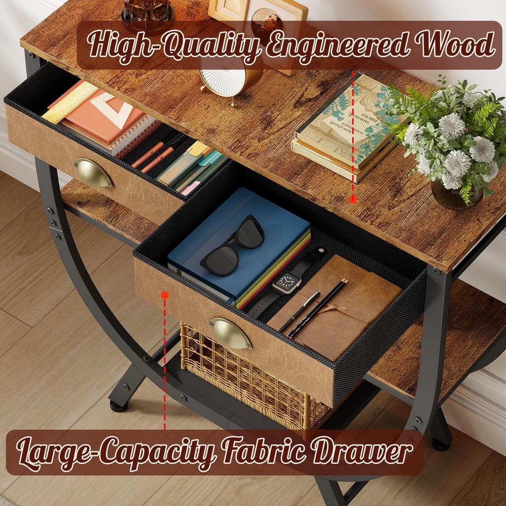 Narrow Console Table with 2 Fabric Drawers, 3-Tier Entryway Table with Metal Frame & Wooden Top, Modern Sofa Table for Hallway, Living Room & Foyer