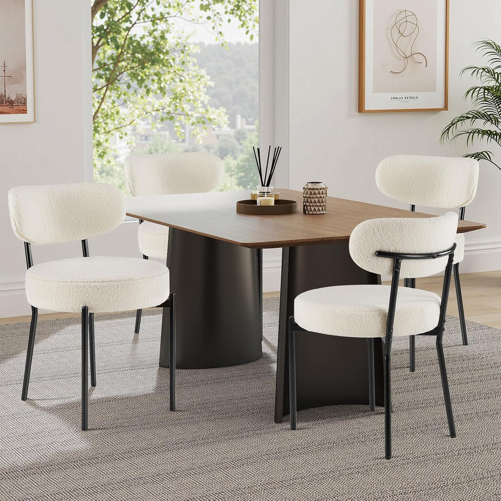 Mid-Century Modern Dining Chairs Set of 4, Upholstered Round Cushion Kitchen Chairs with Curved Backrest & Black Metal Legs for Dining Room & Living Room