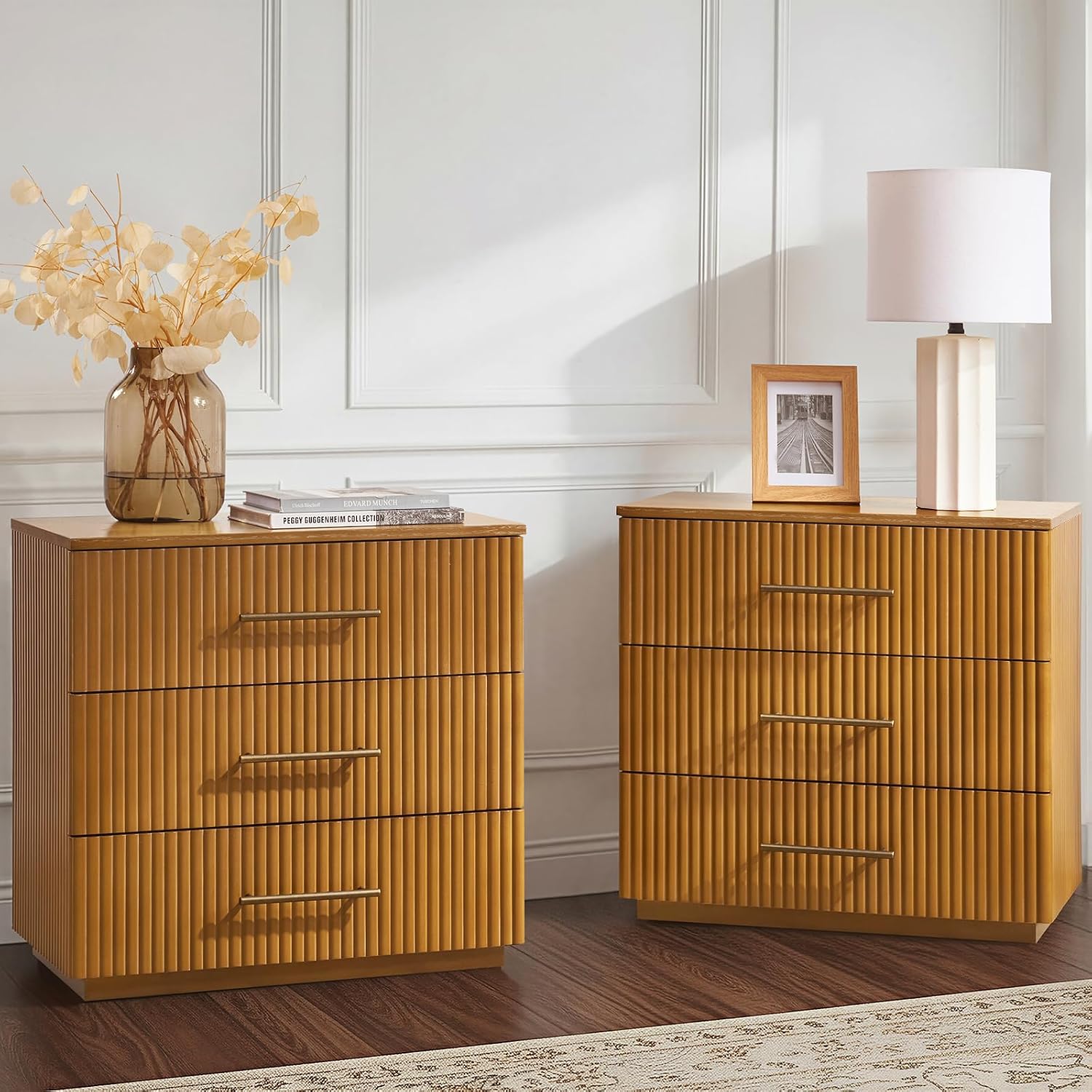 3 Drawer Nightstand with Charging Station, Fluted Wood Bedside Table with USB & Power Outlet