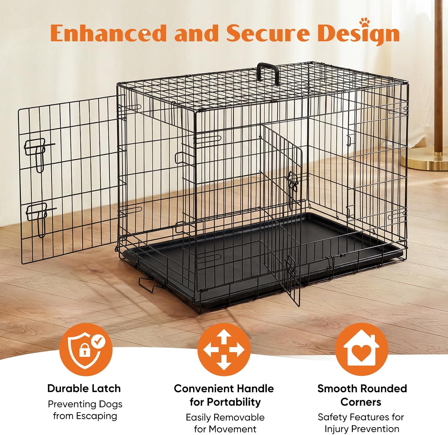 Foldable Dog Crate with Double Doors, Heavy-Duty Metal Pet Cage with Locking System & Removable Tray for Travel & Home Use