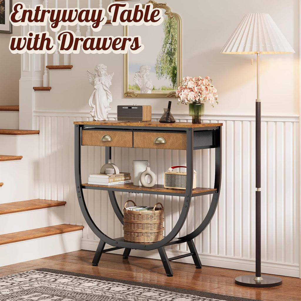 Narrow Console Table with 2 Fabric Drawers, 3-Tier Entryway Table with Metal Frame & Wooden Top, Modern Sofa Table for Hallway, Living Room & Foyer